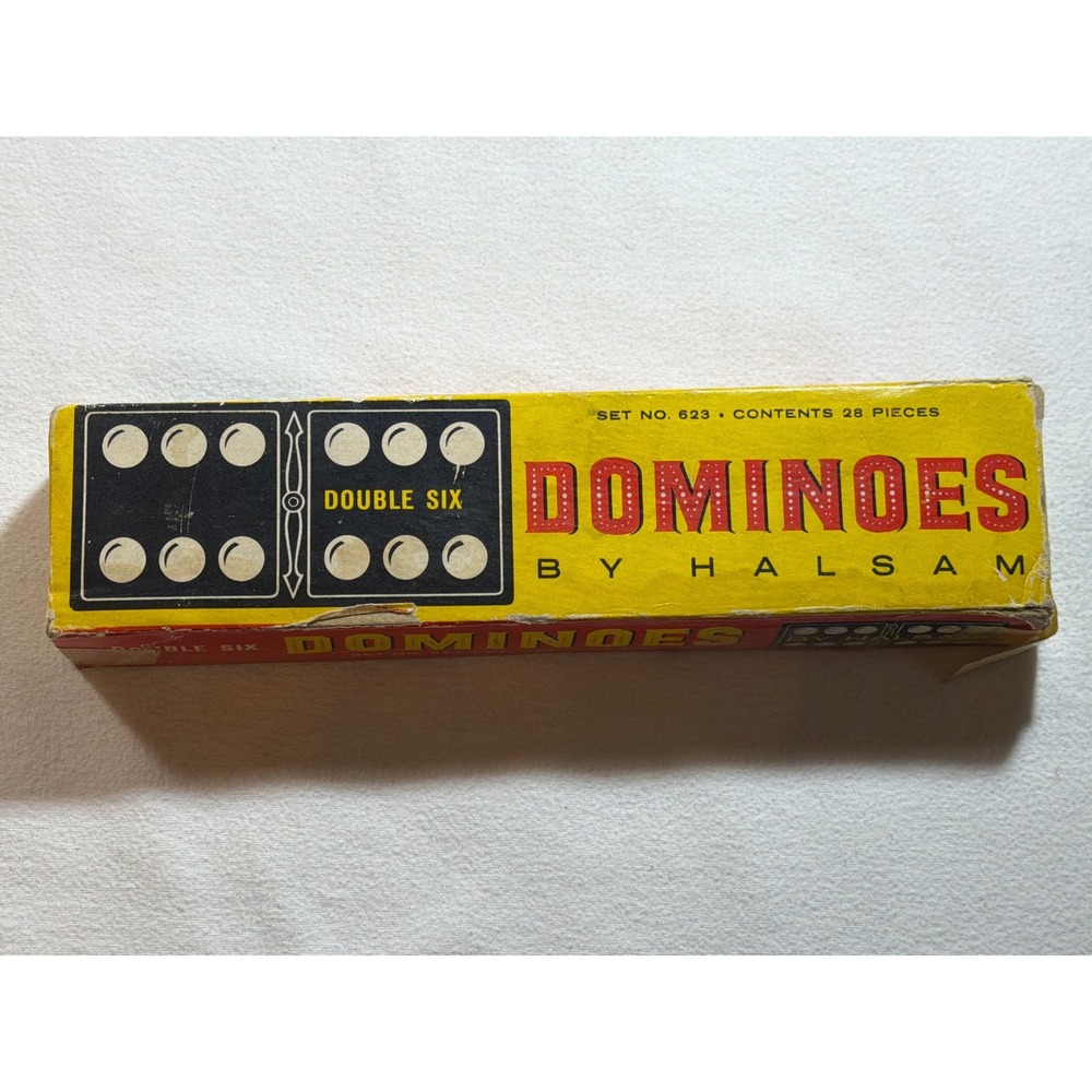 Vintage Halsam Double Six Dominoes Set No 623 28 Pieces Brown Embossed Box
